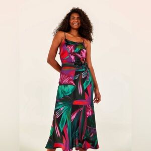 Farm Rio Midnight Leaves Midi Dress Cami Cutout Tropical